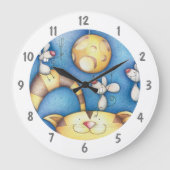 Schattige Whimsical Kat-en-Muis-Maan-Kunst Grote Klok (Voorkant)