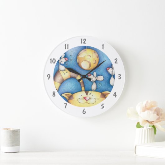 Schattige Whimsical Kat-en-Muis-Maan-Kunst Grote Klok (Huis)