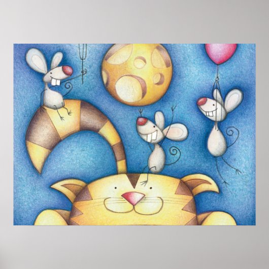 Schattige Whimsical Kat-en-Muis-Maan-Kunst Poster (Voorkant)