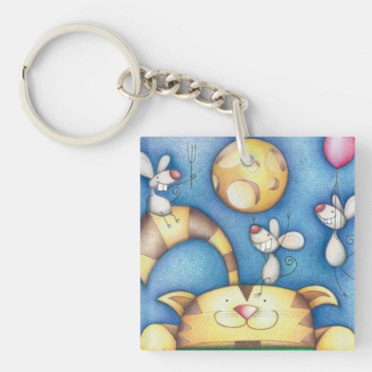 Schattige Whimsical Kat-en-Muis-Maan-Kunst Sleutelhanger (Voorkant)