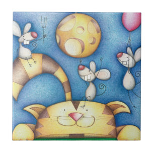 Schattige Whimsical Kat-en-Muis-Maan-Kunst Tegeltje