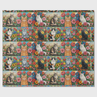 Schattige Whimsical Katjes en Volkskunst Bloemen Cadeaupapier