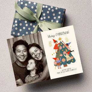 Schattige Whimsical Kerstelfjes en Boom Familie Kaart