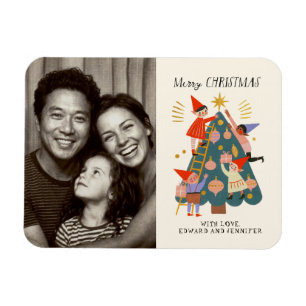 Schattige Whimsical Kerstelfjes en Boom Familie Magneet