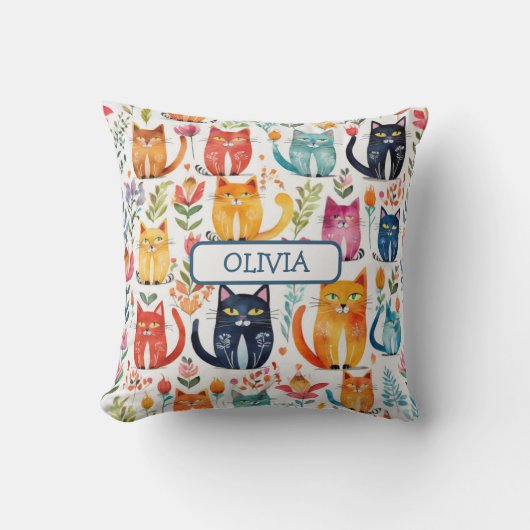 Schattige Whimsical Kittens en Bloemen Kussen (Voorkant)