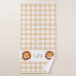 Schattige Whimsical Leeuw Gingham Naam Geboorte Badhanddoek