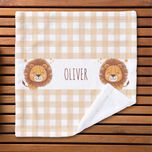 Schattige Whimsical Leeuw Gingham Naam Washandje