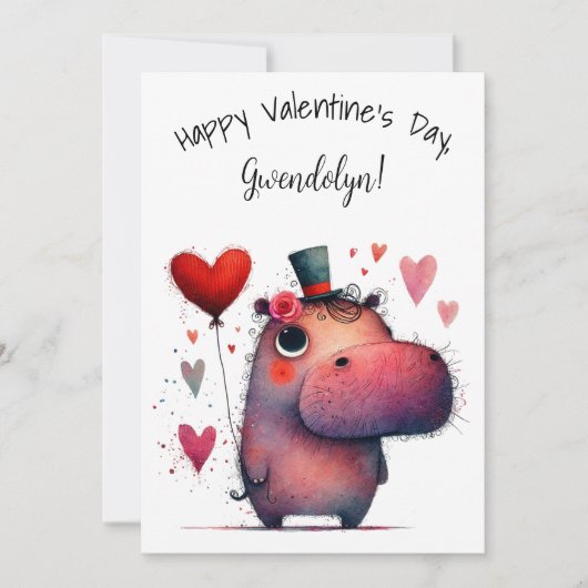 Schattige Whimsical Nijlpaard Valentijnsdag Plat Kaart (Voorkant)