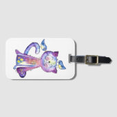 Schattige Whimsical Paarse Kat met Vogels Bagagelabel (Voorkant (horizontaal))