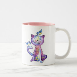 Schattige Whimsical Paarse Kat met Vogels Tweekleurige Koffiemok