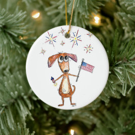 Schattige Whimsical Patriottische Hond met Vlag Keramisch Ornament
