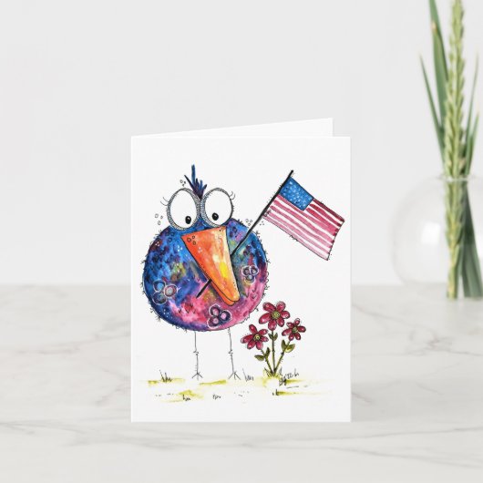 Schattige Whimsical Patriottische Vogel met Vlag Kaart (Voorkant)