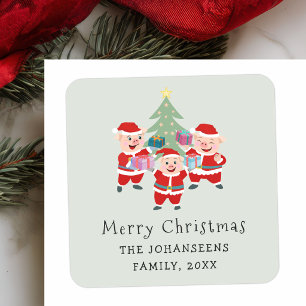 Schattige Whimsical Retro Cartoon Kerst Varkens Gr Vierkante Sticker