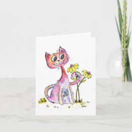 Schattige Whimsical Roze Kat met Gele Bloemen Kaart
