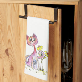 Schattige Whimsical Roze Kat met Gele Bloemen Theedoek