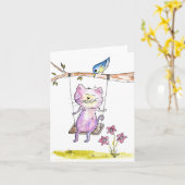 Schattige Whimsical Roze Kat op Schommel Kaart (Gele Bloem)