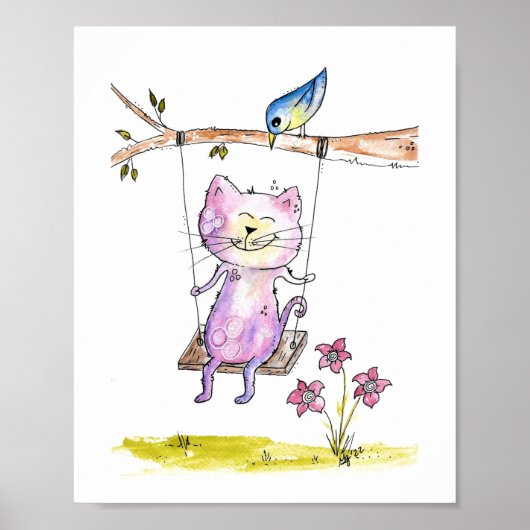 Schattige Whimsical Roze Kat op Schommel Poster (Voorkant)