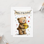 Schattige Whimsical Teddibeer Gefeliciteerd 1e Ver Kaart (Voorkant / Achterkant in situ)