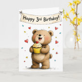 Schattige Whimsical Teddibeer Gefeliciteerd Derde Kaart (Gele Bloem)