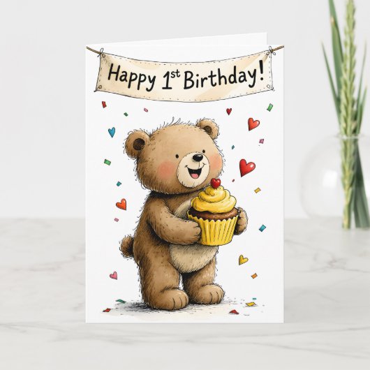 Schattige Whimsical Teddibeer Gefeliciteerd Eerste Kaart (Voorkant)