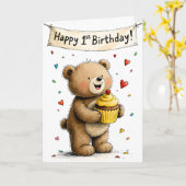 Schattige Whimsical Teddibeer Gefeliciteerd Eerste Kaart (Gele Bloem)