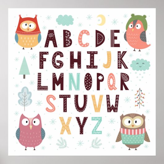 Schattige Whimsical Uilen ABC Letters Alfabet Onde Poster (Voorkant)