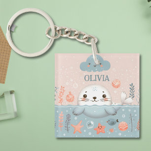 Schattige Whimsical Zeehond Puppy Persoonlijk Sleutelhanger