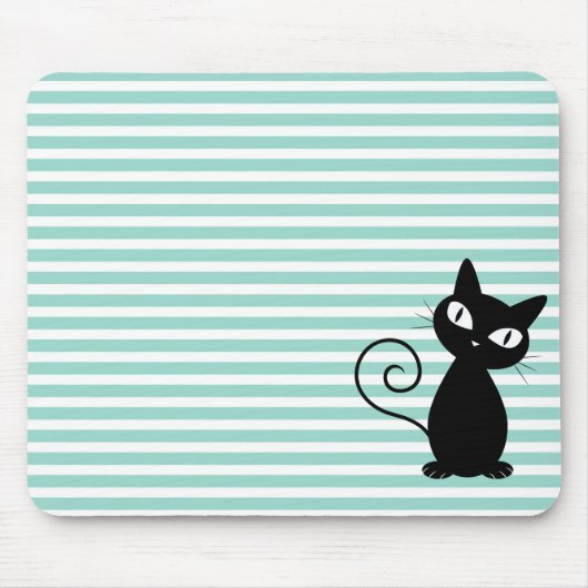 Schattige Whimsical Zwarte Kat op Strepen Muismat (Voorkant)