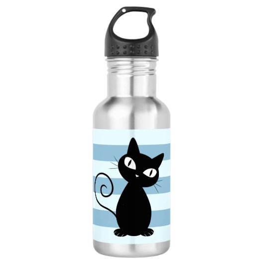 Schattige Whimsical Zwarte Kat op Strepen Waterfles (Voorkant)