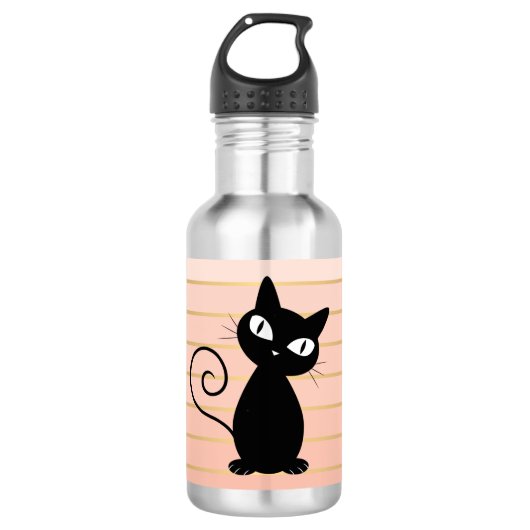 Schattige Whimsical Zwarte Kat op Strepen Waterfles (Voorkant)