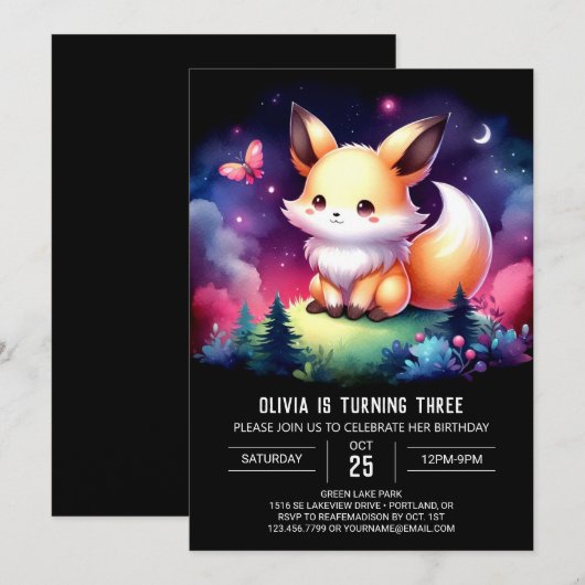 Schattige Whimsy Fox Verjaardag digitaal Kaart (Voorkant / Achterkant)