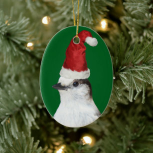Schattige Whiskey Jack met rode kerstmanhoed Kerst Keramisch Ornament