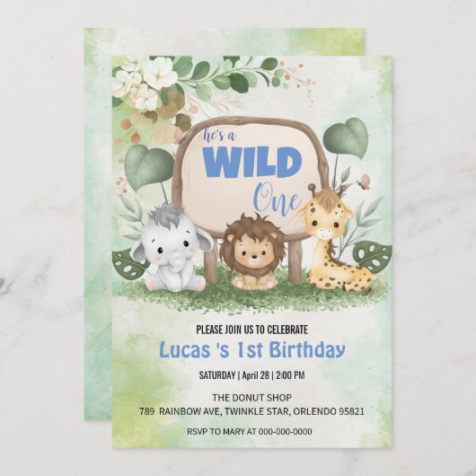 Schattige Wild Een oerwoud Dier 1e Verjaardagsfees Kaart (Voorkant / Achterkant)