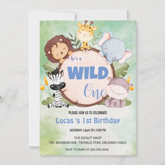 Schattige Wild Een oerwoud Dier 1e Verjaardagsfees Kaart (Voorkant)