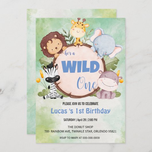 Schattige Wild Een oerwoud Dier 1e Verjaardagsfees Kaart (Voorkant / Achterkant)