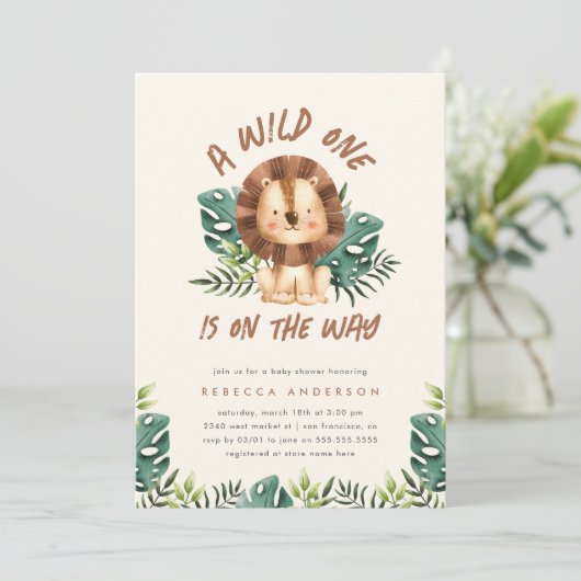 Schattige Wild One Lion Oerwoud Safari Boy Baby sh Kaart (Staand voorkant)