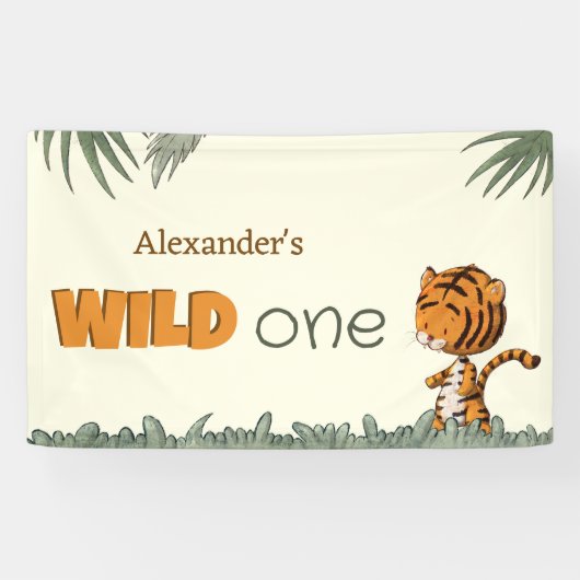 Schattige Wild One Oerwoud Safari Groen Verjaardag Spandoek (Horizontaal)