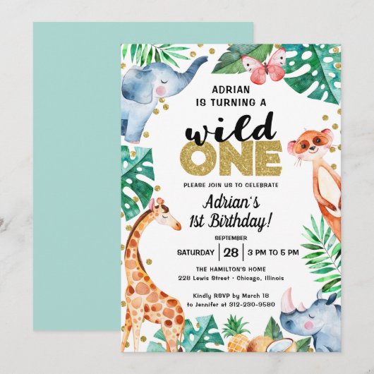 Schattige Wild One Oerwoud verjaardagsuitnodiging Kaart (Voorkant / Achterkant)