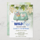 Schattige Wild One Olifant Car 1e Verjaardagsfeest Kaart (Voorkant / Achterkant)