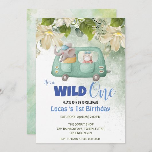 Schattige Wild One Olifant Car 1e Verjaardagsfeest Kaart (Voorkant / Achterkant)