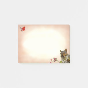 Schattige wilde eekhoorn & kleine vogel op beige post-it® notes
