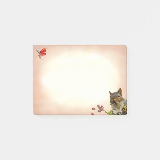 Schattige wilde eekhoorn & kleine vogel op beige post-it® notes (Voorkant)