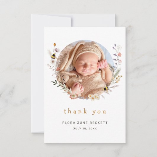 Schattige Wildflower en Bijen Foto Baby shower Bedankkaart (Voorkant)