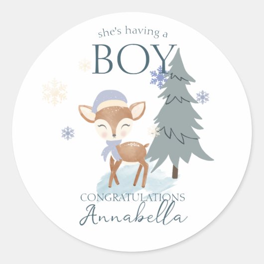 Schattige Winter Baby Herten Jongen Fawn Ronde Sticker (Voorkant)