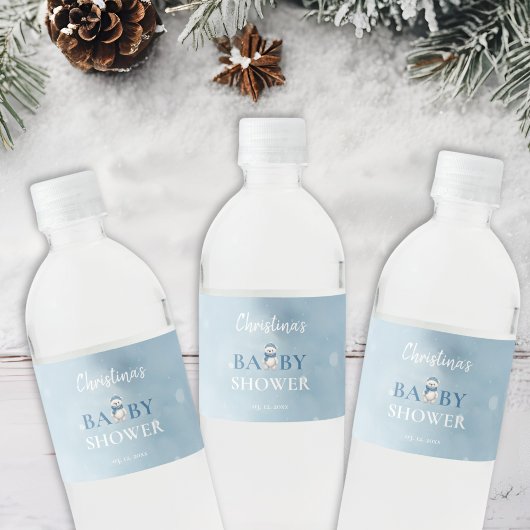 Schattige Winter Beer Blauw Baby shower Waterfles Etiket