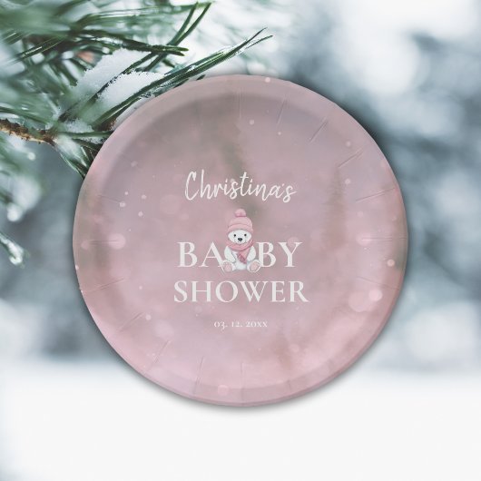 Schattige Winter Beer Roze Baby shower Papieren Bordje