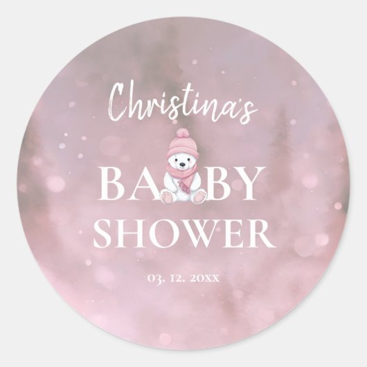 Schattige Winter Beer Roze Baby shower Ronde Sticker (Voorkant)