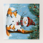 Schattige winter bos sneeuwman vossen legpuzzel (Horizontaal)