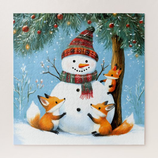 Schattige winter bos sneeuwman vossen legpuzzel (Verticaal)
