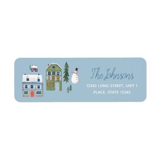 Schattige Winter House Village Kerstadres Etiket (Voorkant)